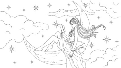 Vector illustration, a cute beautiful fairy girl in a beautiful dress sits on the moon moon, reads a book - obrazy, fototapety, plakaty