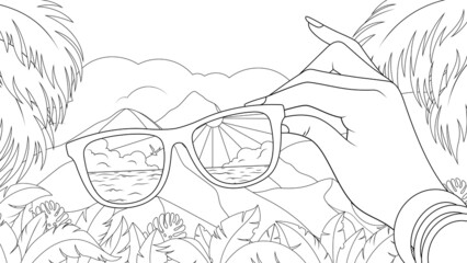 Vector illustration, beautiful mountain landscape, beach reflection in sunglasses