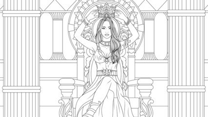 Vector illustration, a beautiful girl queen in the palace sits on a throne, puts on a crown - obrazy, fototapety, plakaty