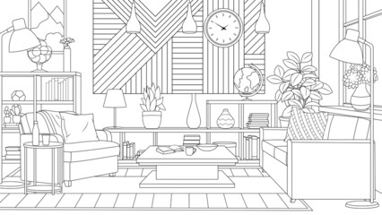 Vector illustration, interior design of a living room in a private house