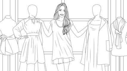 Fototapeta na wymiar Vector illustration, beautiful cute girl in the store trying on clothes