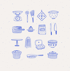Set of kitchen tools and cooking icons drawing in handmade graphic primitive casual style on beige background.