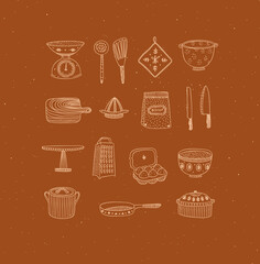 Set of kitchen tools and cooking icons drawing in handmade graphic primitive casual style on mustard background.