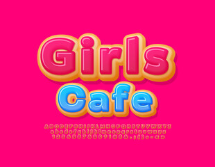 Vector stylish logo Girls Cafe. Delicious Donut Font. Pink Glazed Donut Alphabet Letters and Numbers