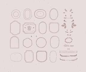 Set of frames and decor elements in handmade graphic primitive casual style on peach background.