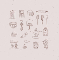 Set of kitchen bakery stuff drawing in handmade graphic primitive casual style on peach background.