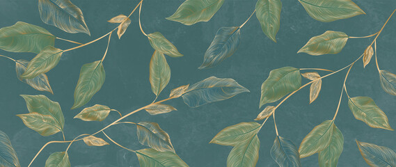 Fototapety  Luxury art background with tropical leaves in gold color in art line style. Botanical abstract wallpaper in blue and green with branches for decoration, print, packaging, textile, interior design.