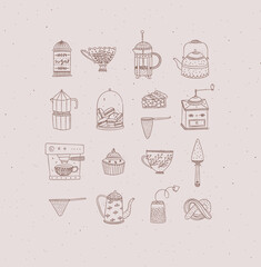 Set of kitchen equipment icon drawing in handmade graphic primitive casual style on peach background.