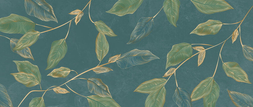Luxury art background with tropical leaves in gold color in art line style. Botanical abstract wallpaper in blue and green with branches for decoration, print, packaging, textile, interior design.