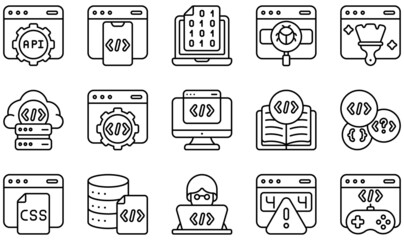 Set of Vector Icons Related to Coding. Contains such Icons as Api, Bug, Clean Code, Cloud Server, Coding, Database and more.