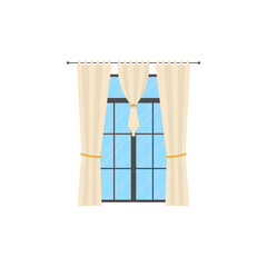 Large window with curtain. Isolated. Flat style.