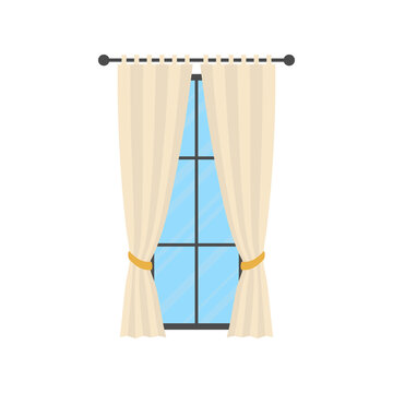 Large window with white curtains. Isolated Cartoon style.