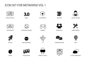 Metaverse vector icon set. Various symbols for the meta verse concept.