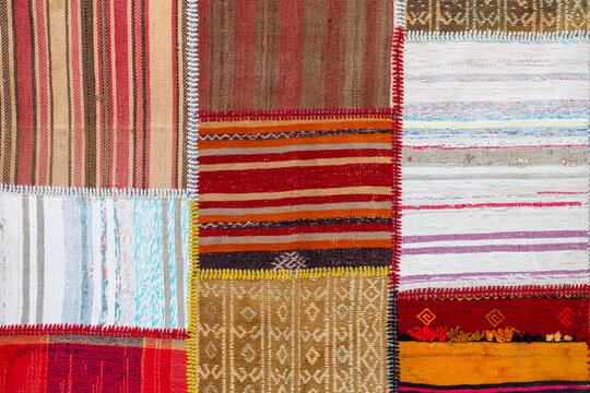 Close-up view of handmade carpets. Texture shot.