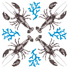 Watercolor pattern set of sea lobsters and blue corals