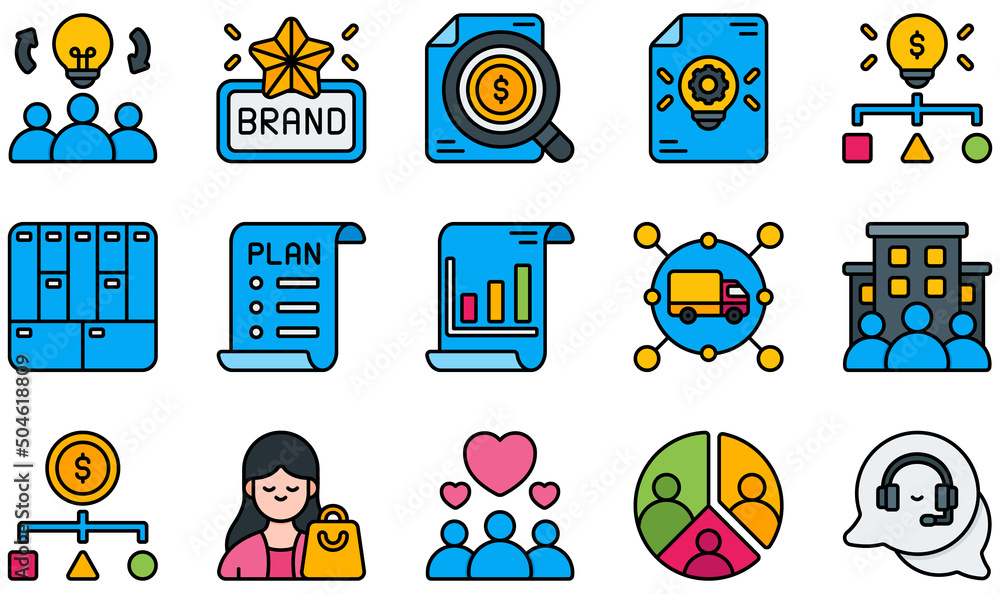 Sticker Set of Vector Icons Related to Business Model. Contains such Icons as Brand, Business Analyze, Business Idea, Business Plan, Customer, Customer Segment and more.