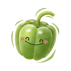 Watercolor cute green bell pepper cartoon character. Vector illustration.