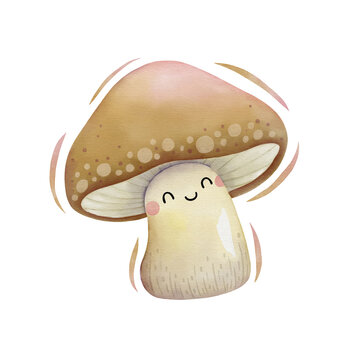 Watercolor cute mushroom cartoon character. Vector illustration.