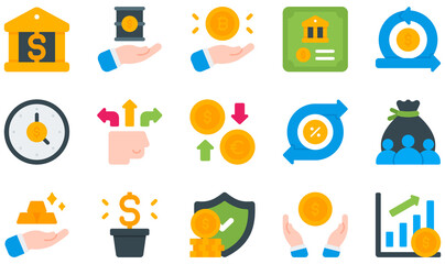 Set of Vector Icons Related to Investment. Contains such Icons as Banking, Barrel, Bitcoin, Bond, Cash Flow, Clock and more.