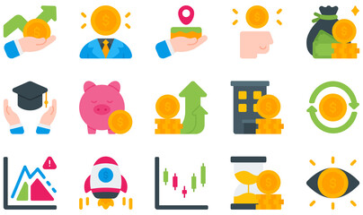 Set of Vector Icons Related to Investment. Contains such Icons as Investment, Investor, Money, Piggy Bank, Real Estate, Stock and more.