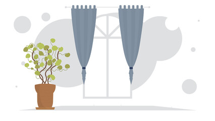 Living room with curtains and window. Interior. Cartoon style.