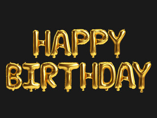 3d illustration gold balloons happy birthday-letter isolated on black background