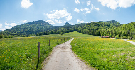 hiking trail to Leonhardstein mountain, spring landscape near Kreuth, upper bavaria