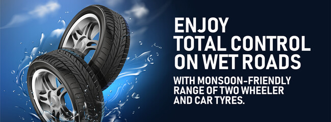 Tyre banner. ENJOY TOTAL CONTROL ON WET ROADS. Car tire background. Vector wheel desidn template. Grunge tire tracks background for landscape poster, digital banner, flyer, booklet, brochure and web.
