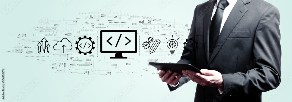 Poster web development concept with businessman holding a tablet computer