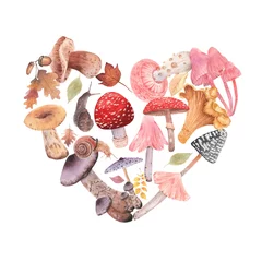 Fototapeten Watercolor mushrooms collection,   chanterelle, fly agaric. Mushroom Woodland sublimation designs. Colorful bright fungi great for autumn sublimation, halloween, fomushrooms heart,  mushroom wreath.  © Olga Batkilina