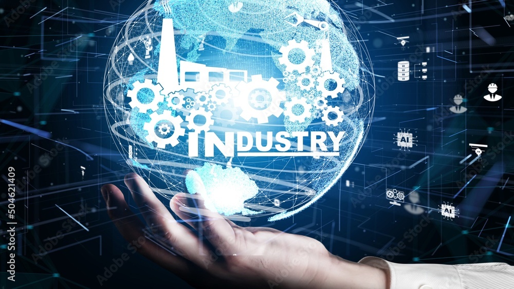 Poster futuristic industry 4.0 and inventive mechanized engineering concept with graphic user interface sho