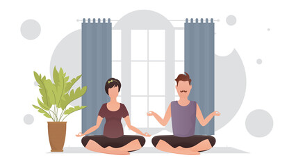 The guy and the girl are doing yoga in the lotus position in the room. Meditation. Cartoon style.