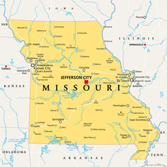 Missouri, MO, political map, with capital Jefferson City, and largest cities, lakes and rivers. State in Midwestern region of United States, nicknamed Show Me State, Cave State and Mother of the West. - obrazy, fototapety, plakaty