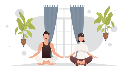 Obraz premium The guy and the girl are doing yoga in the room. Yoga. Cartoon style.