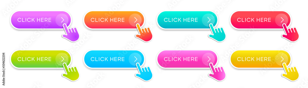 Fototapete Click here web buttons with hand cursor. Set of action button click here with arrow pointer. Click button. Modern action button mouse click symbol. Computer mouse click cursor or Hand pointer symbol.