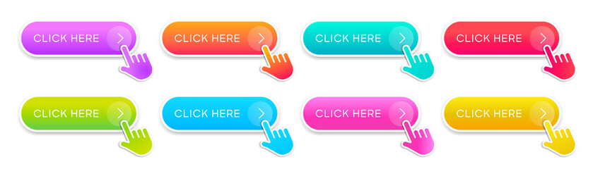 Click here web buttons with hand cursor. Set of action button click here with arrow pointer. Click button. Modern action button mouse click symbol. Computer mouse click cursor or Hand pointer symbol. - obrazy, fototapety, plakaty