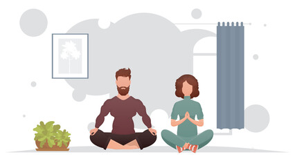 A man and a woman sit in a lotus position in a room. Meditation. Cartoon style.