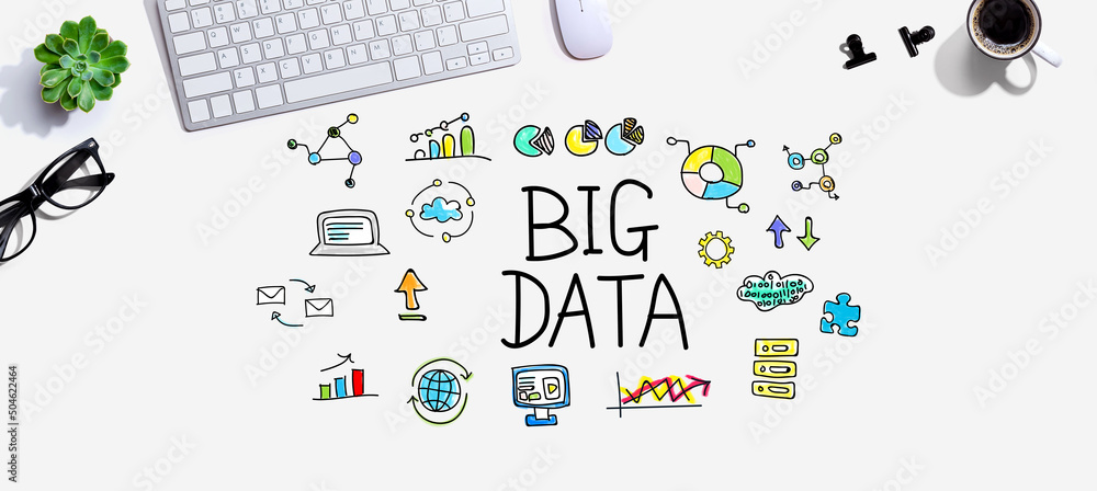 Poster big data theme with a computer keyboard and a mouse