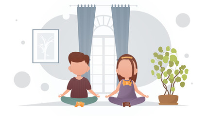 A boy and a girl are doing yoga in the lotus position in the room. Meditation. Cartoon style.