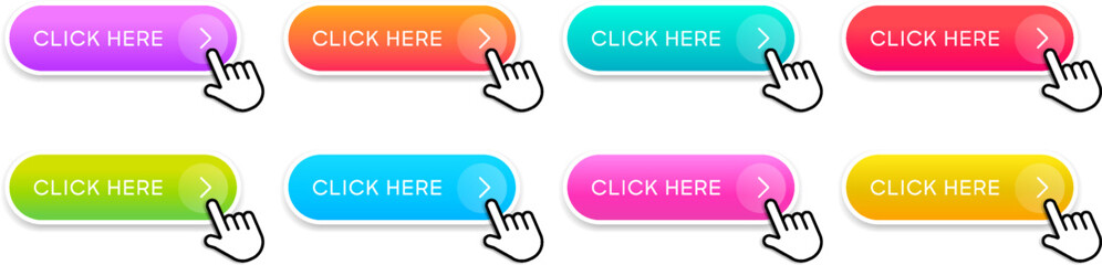 Click here web buttons with hand cursor. Set of action button click here with arrow pointer. Click button. Modern action button mouse click symbol. Computer mouse click cursor or Hand pointer symbol. - obrazy, fototapety, plakaty
