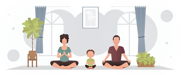 A man and a woman with a little boy are sitting in a lotus position in a room. Meditation. Cartoon style.