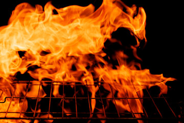 bbq grill flame, hot burning grill, outdoors cooking food. Grill flame burning fire for barbecue...
