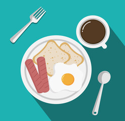 top view of Breakfast with Cup of Coffee , fried egg , sausages and bread on table , flat design style background