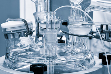 Glass chemical laboratory equipment, equipment for medical experiments, glass equipment close-up,...