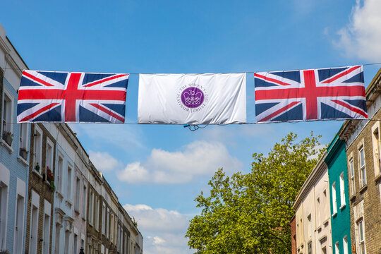 Queens Platinum Jubilee Banners at Portobello Road Market in London, UK