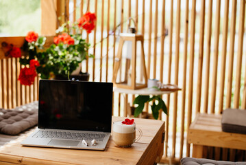 Cozy office workplace, remote work, e-learning concept