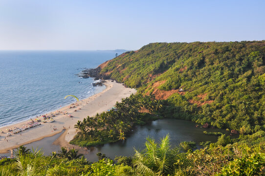 View of the sea and Sweet Lake at Arambol beach in Goa, India, January 2020