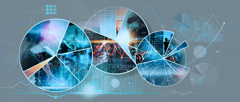 Business and economics growth global business network,Customer service,Technology and data connection,Teamwork,Data analysis financial Business strategy and Digital marketing in circle pie chart.