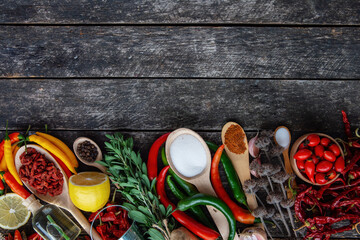 different seasonings for cooking, varieties of hot chilli pepper, ground pepper and spices, oil. for the text recipe	
