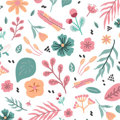 Cute seamless hand drawn tropical vector with hibiscus flowers,spring summer, colorful flower and various plants on white background